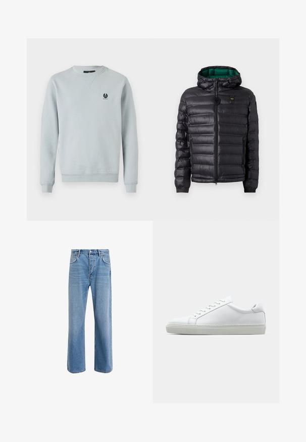 Čierna prešívaná bunda s kapucňou, s lesklým povrchom, zeleným vnútrom, zapínaním na zips a elastickými manžetami. Obsahuje značkové logo na hrudi.; Svetlo šedá mikina vyrobená z mäkkej bavlnenej zmesi. Obsahuje okrúhly výstrih, rebrované manžety a spodný lem, a malú čiernu nášivku na hrudi.; Svetlo modré denimové džínsy so strihom rovného nohu, päť vreciek, zapínanie na gombík, minimálne vyblednutie a kontrastné švy.; Biele tenisky s hladkým koženým zvrškom a nízkym profilom. Majú zaoblenú špičku, šesť očiek a štruktúrovanú gumovú podrážku.