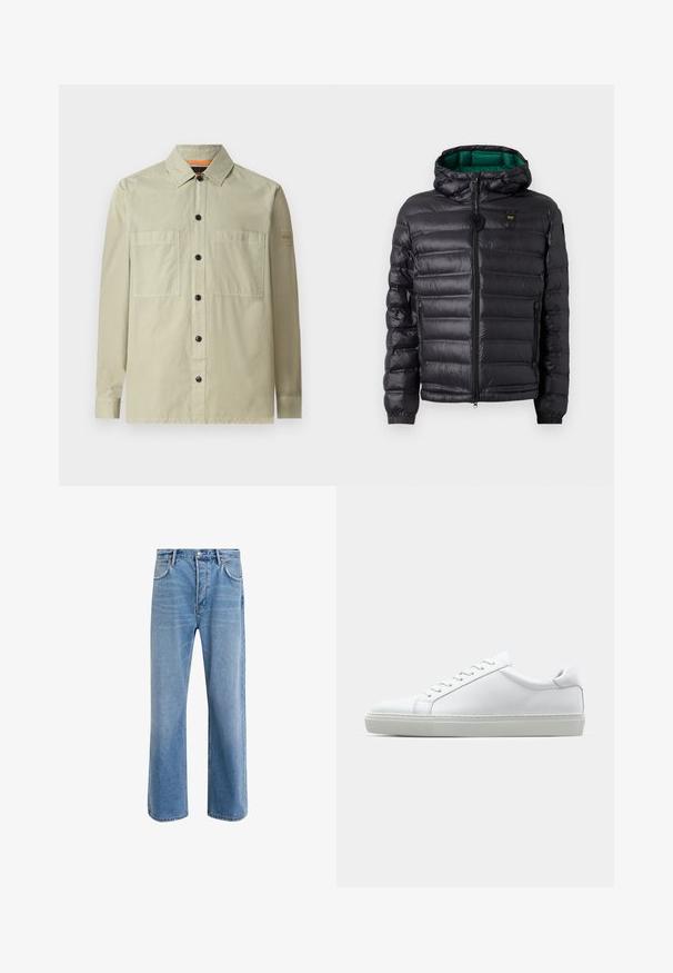 Black padded jacket with a hood, featuring a glossy finish, green lining, zip closure, and elastic cuffs. Includes branded logo on chest.; Light green shirt jacket made of smooth fabric; features two front pockets, black buttons, and a small logo patch on the sleeve.; Light blue denim jeans with a straight-leg design, five pockets, button closure, minimal fading, and contrasting stitching details.; White sneaker with a smooth leather upper and a low profile. Features a rounded toe, six eyelets, and a textured rubber sole.