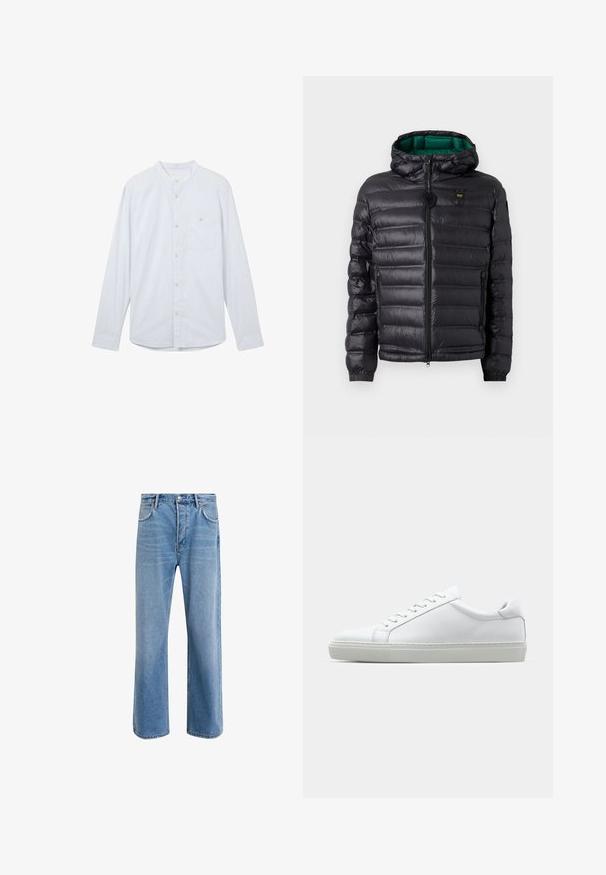 Juodas pūkinis švarkas su išklotine, kapuce ir žalia vidine puse. Yra centrinis užtrauktukas ir logotipo detalizė viršutinėje priekyje.; Šviesiai mėlyna ilgomis rankovėmis marškiniai su mandarinų apykakle, priekyje užsegami mygtukais ir su viena kairiojo krūtinės kišenė. Pagaminta iš tekstūruotos medžiagos.; Šviesiai mėlyni džinsai su tiesiu kirpimu, penkios kišenės, mygtuko užsegimas, minimalus blukimas ir kontrastingi siuvimo detalės.; Baltas sportinis batelis su lygiu odiniu paviršiumi ir žemu profiliu. Turi suapvalintą pirštą, šešis akių skyrius ir tekstūruotą gumos padą.