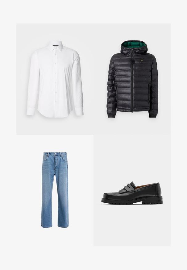 Svart vaddertejakke med hette, som har en blank finish, grønt fôr, glidelåslukking og elastiske mansjetter. Inkluderer merkevarelogo på brystet.; Hvit skjorte med lange ermer laget av glatt stoff, med klassisk krage og knapplukking foran samt buet kant. Knapper med en subtil glans.; Lys blå denimjeans med rett ben-design, fem lommer, knappeåpning, minimal falming og kontrasterende sømdetaljer.; Svart skinnloafers har en hevet søm, to dekorative stropper på oversiden, og en tykk teksturert såle for bedre grep.