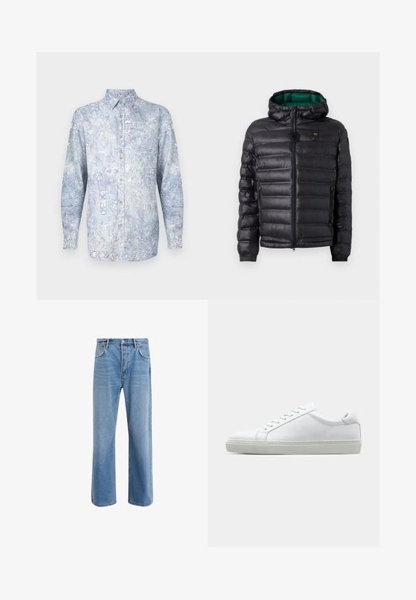 Geacă neagră matlasată cu glugă, cu finisaj lucios, căptușeală verde, închidere cu fermoar și manșete elastice. Include logo de marcă pe piept.; Cămașă bleu cu nasturi, cu modele florale, mâneci lungi și guler clasic. Confecționată dintr-un material moale, cu textură fină.; Jeans din denim bleu deschis cu un design drept, cinci buzunare, închidere cu buton, decolorare minimă și detalii de cusătură în contrast.; Adidași albi cu o suprafață din piele netedă și un profil jos. Au un vârf rotunjit, șase orificii pentru șireturi și o talpă din cauciuc texturată.