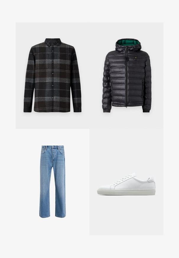 Black padded jacket with a hood, featuring a glossy finish, green lining, zip closure, and elastic cuffs. Includes branded logo on chest.; Flannel shirt in black and gray plaid, featuring a point collar, button front, and two chest pockets. Soft texture and long sleeves.; Light blue denim jeans with a straight-leg design, five pockets, button closure, minimal fading, and contrasting stitching details.; White sneaker with a smooth leather upper and a low profile. Features a rounded toe, six eyelets, and a textured rubber sole.