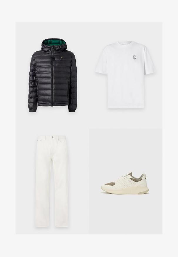 Čierna prešívaná bunda s kapucňou, s lesklým povrchom, zeleným vnútrom, zapínaním na zips a elastickými manžetami. Obsahuje značkové logo na hrudi.; Biela bavlnená tričko s voľným strihom, s malým čiernym grafickým logom na ľavej strane hrudníka. Krátke rukávy, okrúhly výstrih.; Biele džínsy z denimovej látky so štandardným strihom, zapínaním na gombík a zips, dizajnom so piatimi vreckami a bez viditeľných vzorov alebo akcentov.; Biele a svetlo béžové športové tenisky s hornou časťou z mriežkového materiálu, perforovanými detailmi a textúrovanou medzipodrážkou s logom na päte.