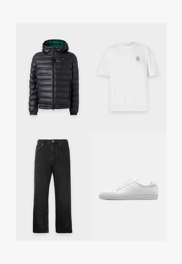 Svart vadderad jacka med huva, blank yta, grön foder, dragkedja och elastiska muddar. Inkluderar märkeslogo på bröstet.; Vit bomullströja med avslappnad passform, med en liten svart grafisk logotyp på vänster bröstområde. Korta ärmar, rundad hals.; Svarta raka jeans med framfickor, bältesloopar och knappstängning på en vit bakgrund.; Vit sneaker med en slät läderövre och låg profil. Har en rundad tå, sex snörhål och en strukturerad gummisula.