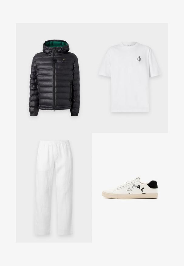 Black padded jacket with a hood, featuring a glossy finish, green lining, zip closure, and elastic cuffs. Includes branded logo on chest.; White cotton t-shirt with a relaxed fit, featuring a small black graphic logo on the left chest area. Short sleeves, crew neck style.; White linen pants featuring an elastic waistband, straight-leg fit, and soft texture with no visible patterns or hardware details.; White leather sneaker with black accents at the heel, featuring bold black lettering on the side and a rubber sole. Minimalist design.