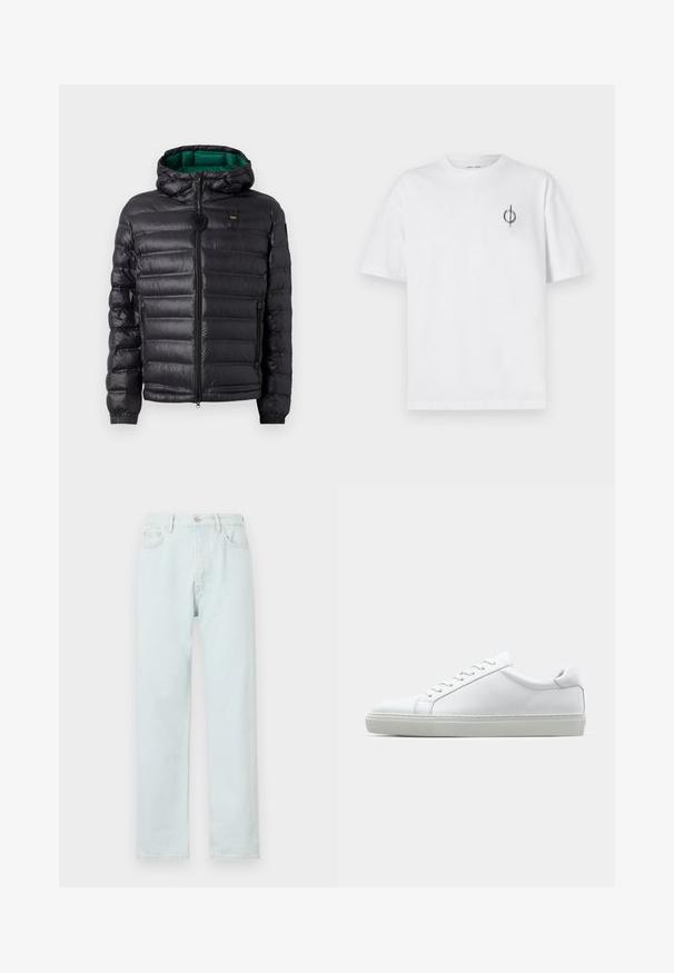 Čierna prešívaná bunda s kapucňou, s lesklým povrchom, zeleným vnútrom, zapínaním na zips a elastickými manžetami. Obsahuje značkové logo na hrudi.; Biela bavlnená tričko s voľným strihom, s malým čiernym grafickým logom na ľavej strane hrudníka. Krátke rukávy, okrúhly výstrih.; Svetlo modré rovné džínsy vyrobené z denimu, s gombíkovým zapínaním, jemným efektom oprania a dizajnom s piatimi vreckami.; Biele tenisky s hladkým koženým zvrškom a nízkym profilom. Majú zaoblenú špičku, šesť očiek a štruktúrovanú gumovú podrážku.