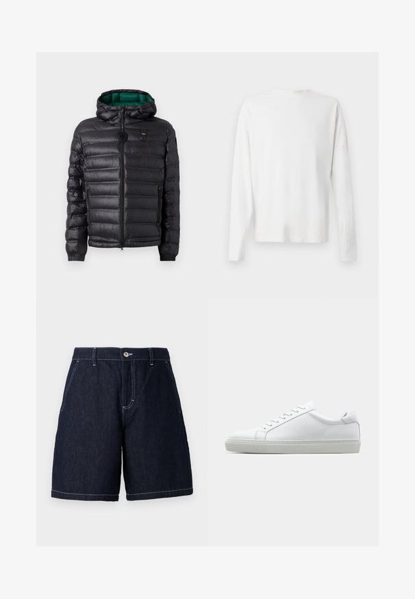 Zwarte pufferjack met een doorgestikt ontwerp, capuchon en groene binnenkant. Beschikt over een centrale rits en logo-details op de bovenste voorkant.; Witte katoenen blouse met lange mouwen en een ronde halslijn, met zijsplitten aan de onderkant en een gladde textuur, vanuit de achterkant weergegeven.; Donkerdenim short met een rechte snit. Voorzien van een knoopsluiting, voorkeurszakken en contrasterende witte stiksels langs de randen.; Witte sneaker met een gladlederen bovenwerk en een laag profiel. Voorzien van een ronde neus, zes vetergaatjes en een gestructureerde rubberen zool.