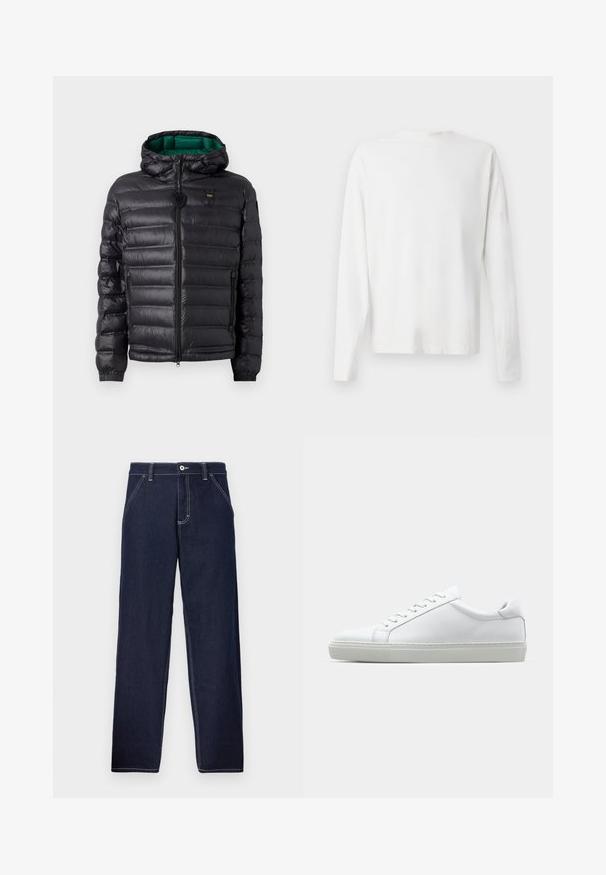 Black puffer jacket with a quilted design, hood, and green interior. Features a central zipper and logo detailing on the upper front.; Long-sleeved white cotton shirt with a round neckline, side slits at the bottom, and a smooth texture, displayed from the back.; Dark blue denim trousers with a straight leg design, featuring contrast stitching, a button front closure, and traditional five-pocket styling.; White sneaker with a smooth leather upper and a low profile. Features a rounded toe, six eyelets, and a textured rubber sole.