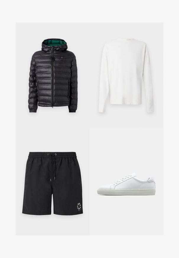 Black puffer jacket with a quilted design, hood, and green interior. Features a central zipper and logo detailing on the upper front.; Long-sleeved white cotton shirt with a round neckline, side slits at the bottom, and a smooth texture, displayed from the back.; Black swim shorts made of lightweight fabric. Elastic waistband with drawstring and silver-tipped ends. Logo printed in white on the bottom left.; White sneaker with a smooth leather upper and a low profile. Features a rounded toe, six eyelets, and a textured rubber sole.