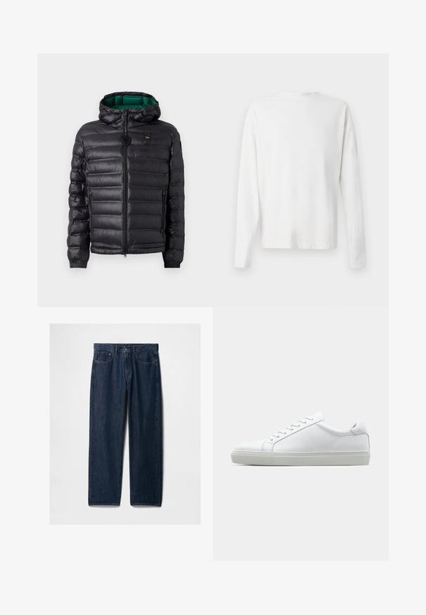 Crna zimska jakna s pufastim dizajnom, kapuljačom i zelenim unutrašnjim dijelom. Ima srednji patentni zatvarač i detalje s logotipom na gornjem dijelu prednje strane.; Bijela pamučna košulja dugih rukava s okruglim izrezom, bočnim prorezima pri dnu i glatkom teksturom, prikazana s leđa.; Tamno plave traperice ravnog kroja s pet džepova, patentnim zatvaračem i klasičnim šavovima. Nema vidljivog istrošenja ili ukrasnih elemenata.; Bijela tenisica s glatkim kožnim gornjim dijelom i niskim profilom. Ima zaobljen vrh, šest rupica za vezanje i teksturiranu gumenu podlogu.