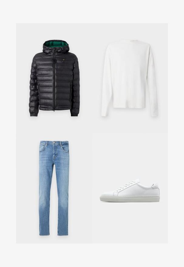 Black puffer jacket with a quilted design, hood, and green interior. Features a central zipper and logo detailing on the upper front.; Long-sleeved white cotton shirt with a round neckline, side slits at the bottom, and a smooth texture, displayed from the back.; Light blue denim jeans with a straight cut. Features a button fly, five pockets, and slight fading on the thighs. Classic stitching detail.; White sneaker with a smooth leather upper and a low profile. Features a rounded toe, six eyelets, and a textured rubber sole.