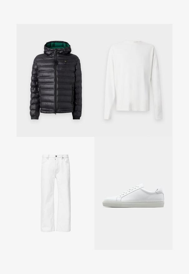 Zwarte pufferjack met een doorgestikt ontwerp, capuchon en groene binnenkant. Beschikt over een centrale rits en logo-details op de bovenste voorkant.; Witte katoenen blouse met lange mouwen en een ronde halslijn, met zijsplitten aan de onderkant en een gladde textuur, vanuit de achterkant weergegeven.; Witte denim jeans met een rechte pasvorm, standaard vijf-pocket ontwerp en metalen knoopsluiting in de taille, met ton-sur-ton stiksel.; Witte sneaker met een gladlederen bovenwerk en een laag profiel. Voorzien van een ronde neus, zes vetergaatjes en een gestructureerde rubberen zool.