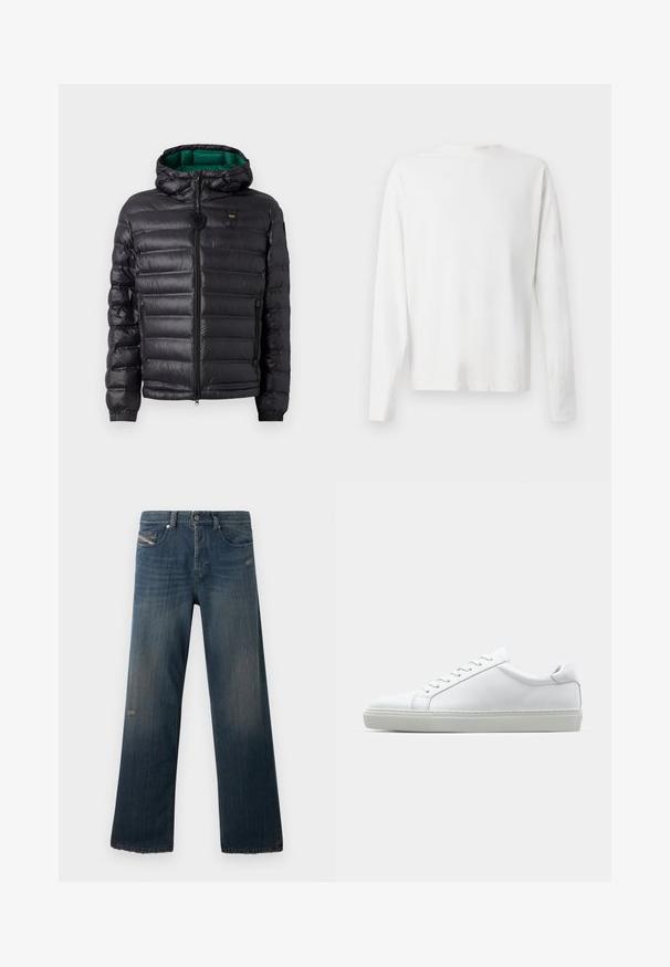 Zwarte pufferjack met een doorgestikt ontwerp, capuchon en groene binnenkant. Beschikt over een centrale rits en logo-details op de bovenste voorkant.; Witte katoenen blouse met lange mouwen en een ronde halslijn, met zijsplitten aan de onderkant en een gladde textuur, vanuit de achterkant weergegeven.; Blauwe denim jeans met een rechte pijp, vervaagde textuur, rafelige zoom en beschadigde details op de voorkant van de zak en de dij.; Witte sneaker met een gladlederen bovenwerk en een laag profiel. Voorzien van een ronde neus, zes vetergaatjes en een gestructureerde rubberen zool.