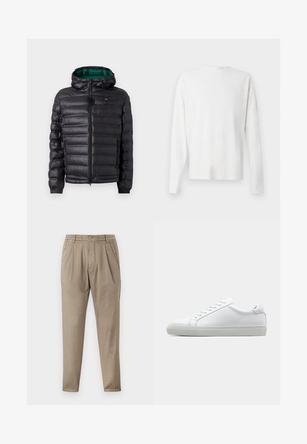 Svart puffjakke med quiltet design, hette og grønn innside. Har en sentral glidelås og logo detaljer på øvre front.; Langermet hvit bomullsskjorte med rund hals, sidespalter nederst og en jevn tekstur, vist fra baksiden.; Beige bukser laget av myk stoff, med en avslappet passform, plisserte front, elastisk midje og innsvingte bein.; Hvit sneakers med en glatt skinnoverdel og lav profil. Har en rund tå, seks snøring hull, og en teksturert gummisåle.