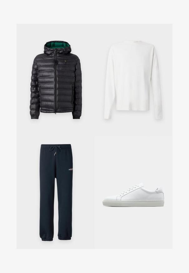 Svart puffjakke med quiltet design, hette og grønn innside. Har en sentral glidelås og logo detaljer på øvre front.; Langermet hvit bomullsskjorte med rund hals, sidespalter nederst og en jevn tekstur, vist fra baksiden.; Marineblå joggebukser laget av myk bomullsmiks, med elastisk midjebånd og snøring samt innsvingte mansjetter; liten logo på låret.; Hvit sneakers med en glatt skinnoverdel og lav profil. Har en rund tå, seks snøring hull, og en teksturert gummisåle.
