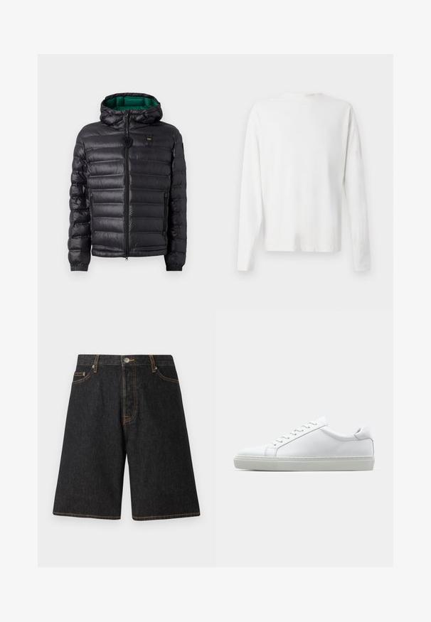 Schwarze Steppjacke mit einem gesteppten Design, Kapuze und grünem Innenfutter. Verfügt über einen zentralen Reißverschluss und Logodetails auf der oberen Vorderseite.; Langärmliges weißes Baumwollhemd mit rundem Ausschnitt, seitlichen Schlitzen am unteren Rand und glatter Textur, von hinten präsentiert.; Schwarze Jeansshorts mit geradem Beinschnitt, orangefarbener Naht, fünf Taschen und einem Metallknopfverschluss am Bund.; Weißer Sneaker mit glattem Lederobermaterial und niedrigem Profil. Verfügt über eine runde Zehenpartie, sechs Ösen und eine strukturierte Gummisohle.