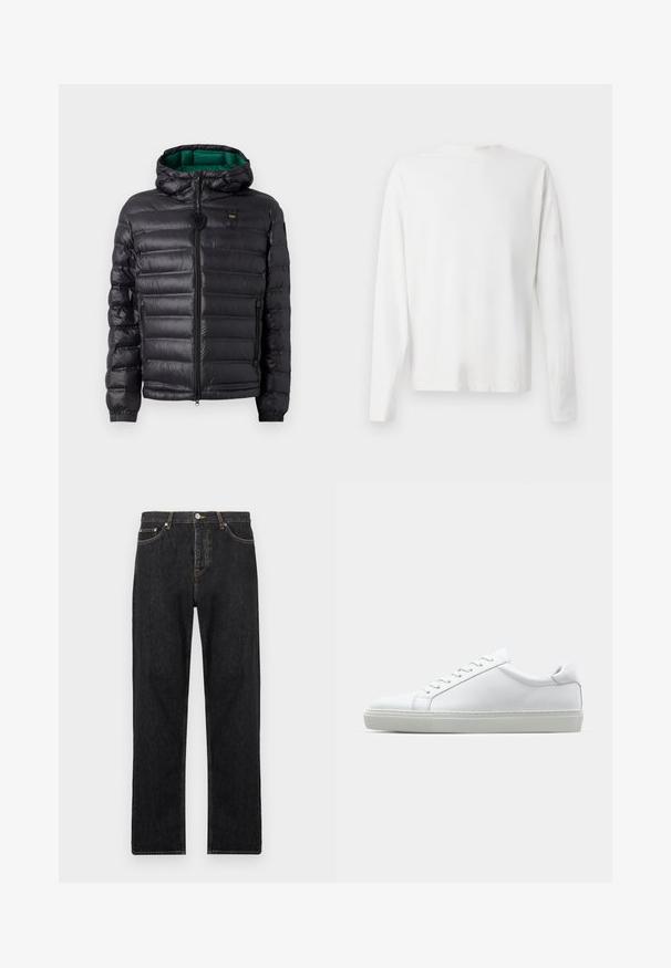 Black puffer jacket with a quilted design, hood, and green interior. Features a central zipper and logo detailing on the upper front.; Long-sleeved white cotton shirt with a round neckline, side slits at the bottom, and a smooth texture, displayed from the back.; Black denim jeans with a straight fit, featuring a button fly, five pockets, and subtle stitching details along the seams.; White sneaker with a smooth leather upper and a low profile. Features a rounded toe, six eyelets, and a textured rubber sole.