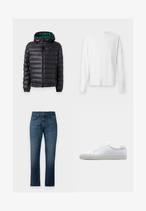 Casaco puffer preto com um design acolchoado, capuz e interior verde. Apresenta um fecho central e detalhes com logótipo na parte superior da frente.; Camisa de algodão branca de mangas longas com decote redondo, fendas laterais na parte inferior e uma textura suave, mostrada de trás.; Jeans de ganga em azul escuro com corte reto, apresentando detalhes desgastados, cinco bolsos e fecho frontal com botão e zip.; Sapatilha branca com um cabedal em couro liso e de perfil baixo. Apresenta um bico redondo, seis ilhoses e uma sola de borracha texturizada.