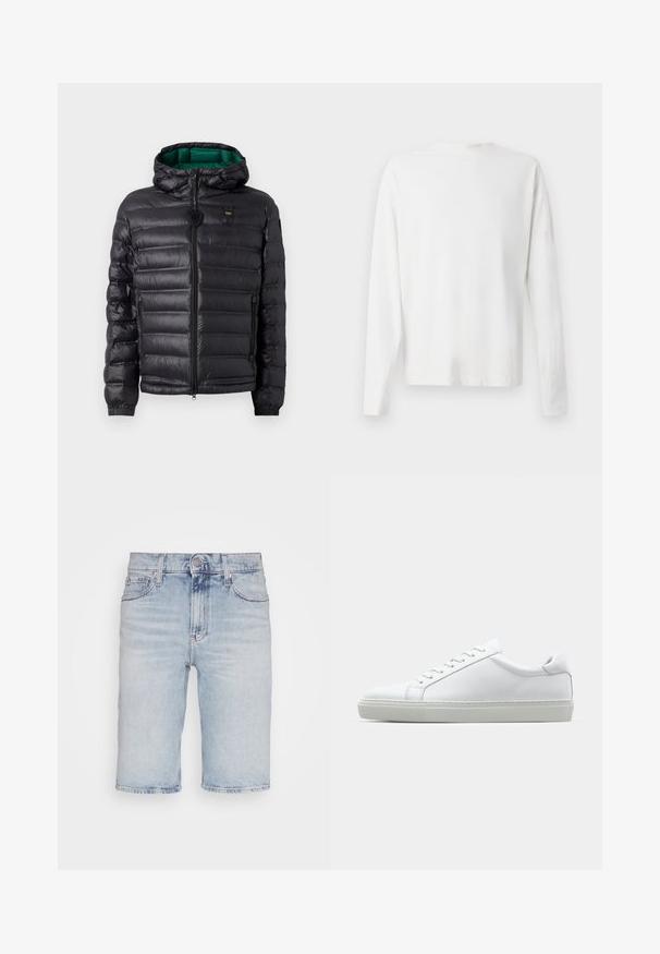 Chaqueta de plumas negra con un diseño acolchado, capucha y interior verde. Presenta un cierre central y detalles del logotipo en la parte superior delantera.; Camisa de algodón blanca de manga larga con cuello redondo, aberturas laterales en la parte inferior y una textura suave, exhibida desde la parte de atrás.; Pantalones cortos de mezclilla azul claro con corte recto. Presenta cinco bolsillos, cierre de botón y detalles desgastados a lo largo del dobladillo.; Zapatilla blanca con parte superior de cuero liso y perfil bajo. Presenta una puntera redondeada, seis ojales y una suela de goma texturizada.