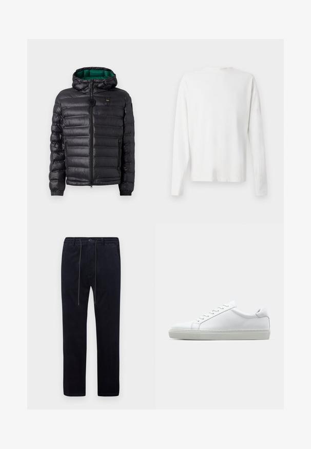 Zwarte pufferjack met een doorgestikt ontwerp, capuchon en groene binnenkant. Beschikt over een centrale rits en logo-details op de bovenste voorkant.; Witte katoenen blouse met lange mouwen en een ronde halslijn, met zijsplitten aan de onderkant en een gladde textuur, vanuit de achterkant weergegeven.; Marineblauwe corduroy broek met een gestructureerd oppervlak, rechte pijpen, elastische tailleband, trekkoord en zijzakken.; Witte sneaker met een gladlederen bovenwerk en een laag profiel. Voorzien van een ronde neus, zes vetergaatjes en een gestructureerde rubberen zool.