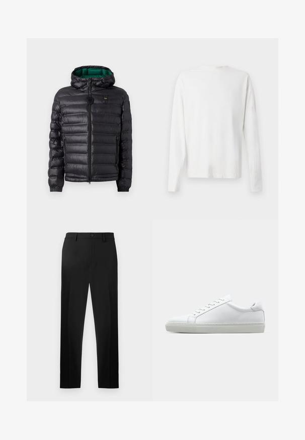 Schwarze Steppjacke mit einem gesteppten Design, Kapuze und grünem Innenfutter. Verfügt über einen zentralen Reißverschluss und Logodetails auf der oberen Vorderseite.; Langärmliges weißes Baumwollhemd mit rundem Ausschnitt, seitlichen Schlitzen am unteren Rand und glatter Textur, von hinten präsentiert.; Schwarze Anzughose aus glattem Stoff, mit geradem Bein, Vorderfalten und einem Knopfverschluss an der Taille.; Weißer Sneaker mit glattem Lederobermaterial und niedrigem Profil. Verfügt über eine runde Zehenpartie, sechs Ösen und eine strukturierte Gummisohle.