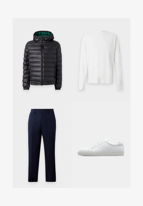 Casaco puffer preto com um design acolchoado, capuz e interior verde. Apresenta um fecho central e detalhes com logótipo na parte superior da frente.; Camisa de algodão branca de mangas longas com decote redondo, fendas laterais na parte inferior e uma textura suave, mostrada de trás.; Calças de marinheiro feitas de um tecido suave, apresentando um design clássico de perna reta, bolsos frontais e um fecho de botão na cintura.; Sapatilha branca com um cabedal em couro liso e de perfil baixo. Apresenta um bico redondo, seis ilhoses e uma sola de borracha texturizada.