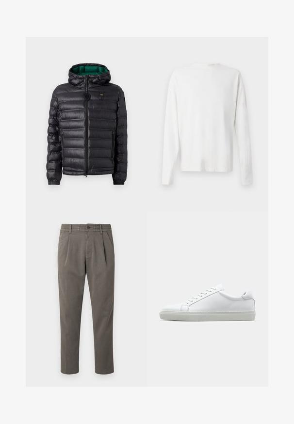 Black puffer jacket with a quilted design, hood, and green interior. Features a central zipper and logo detailing on the upper front.; Long-sleeved white cotton shirt with a round neckline, side slits at the bottom, and a smooth texture, displayed from the back.; Grey, tailored trousers made of smooth fabric; features a button closure, belt loops, and two front pleats for added detail.; White sneaker with a smooth leather upper and a low profile. Features a rounded toe, six eyelets, and a textured rubber sole.