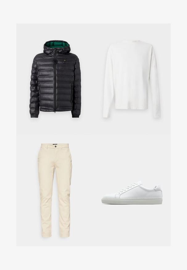 Giubbotto a vento nero con design trapuntato, cappuccio e interni verdi. Presenta una zip centrale e dettagli del logo sulla parte alta anteriore.; Camicia bianca in cotone a maniche lunghe con scollatura rotonda, spacchi laterali in fondo e una texture liscia, mostrata da dietro.; Pantaloni in cotone beige con vestibilità slim, dotati di vita standard, tasche frontali e chiusura a bottone. Texture liscia, design minimalista.; Sneaker bianco con tomaia in pelle liscia e profilo basso. Presenta una punta arrotondata, sei occhielli e una suola in gomma testurizzata.