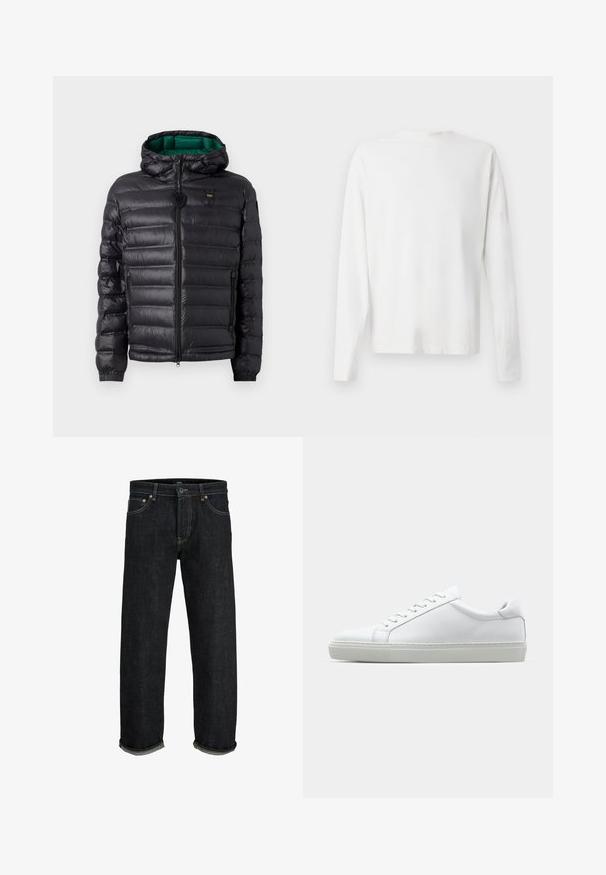Svart pufferjacka med kviltat mönster, huva och grön inredning. Har en central dragkedja och logodetaljer på övre framsidan.; Vit långärmad skjorta i bomull med rund halsringning, sidofickor längst ner och en slät yta, visad bakifrån.; Mörkblå denimjeans med rak skärning, med knapp och dragkedja, uppvikta fållar och kontrasterande sömnadsdetaljer.; Vit sneaker med en slät läderövre och låg profil. Har en rundad tå, sex snörhål och en strukturerad gummisula.