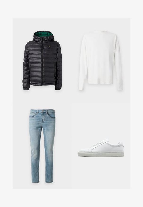 Schwarze Steppjacke mit einem gesteppten Design, Kapuze und grünem Innenfutter. Verfügt über einen zentralen Reißverschluss und Logodetails auf der oberen Vorderseite.; Langärmliges weißes Baumwollhemd mit rundem Ausschnitt, seitlichen Schlitzen am unteren Rand und glatter Textur, von hinten präsentiert.; Hellblaue Jeans aus Baumwolle, im Slim-Fit-Schnitt, mit einem Fünf-Taschen-Design und leichter Verblassung sowie dezenten Waschungsspuren an den Oberschenkeln.; Weißer Sneaker mit glattem Lederobermaterial und niedrigem Profil. Verfügt über eine runde Zehenpartie, sechs Ösen und eine strukturierte Gummisohle.