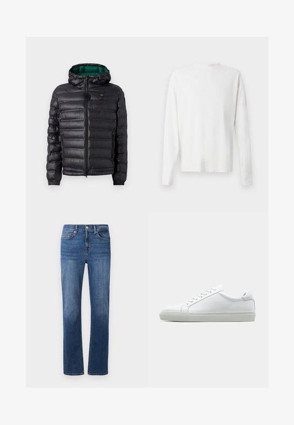 Black puffer jacket with a quilted design, hood, and green interior. Features a central zipper and logo detailing on the upper front.; Long-sleeved white cotton shirt with a round neckline, side slits at the bottom, and a smooth texture, displayed from the back.; Dark blue denim jeans with a straight leg design, five-pocket style, and contrast stitching. Features a button and zipper closure.; White sneaker with a smooth leather upper and a low profile. Features a rounded toe, six eyelets, and a textured rubber sole.