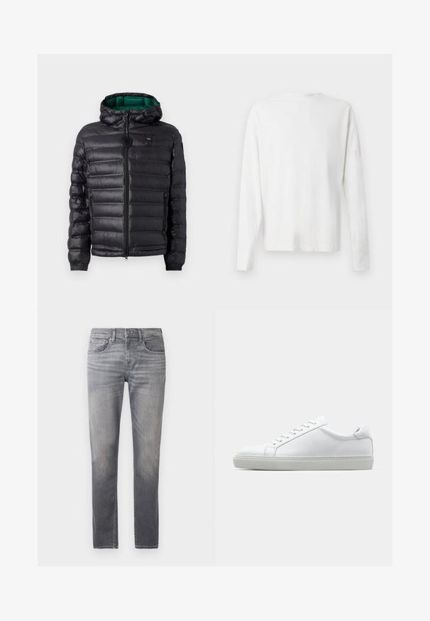 Doudoune noire avec un design matelassé, capuche et intérieur vert. Elle possède une fermeture éclair centrale et des détails de logo sur le devant supérieur.; Chemise en coton blanc à manches longues avec un col rond, fentes latérales en bas et une texture lisse, présentée de dos.; Jeans en denim gris avec une coupe droite, présentant un design délavé, cinq poches et une taille standard avec fermeture à bouton.; Sneaker blanche avec une tige en cuir lisse et un profil bas. Présente un bout arrondi, six œillets et une semelle en caoutchouc texturé.