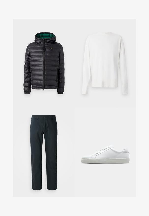 Svart puffjakke med quiltet design, hette og grønn innside. Har en sentral glidelås og logo detaljer på øvre front.; Langermet hvit bomullsskjorte med rund hals, sidespalter nederst og en jevn tekstur, vist fra baksiden.; Sorte, rette benbukser laget av glatt stoff; har beltehemper og flat frontdesign. Side lommer inkludert.; Hvit sneakers med en glatt skinnoverdel og lav profil. Har en rund tå, seks snøring hull, og en teksturert gummisåle.