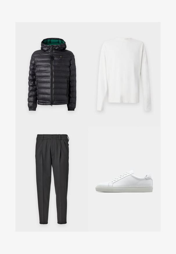 Svart pufferjacka med kviltat mönster, huva och grön inredning. Har en central dragkedja och logodetaljer på övre framsidan.; Vit långärmad skjorta i bomull med rund halsringning, sidofickor längst ner och en slät yta, visad bakifrån.; Svarta byxor i glatt tyg, med plisserad front, elastisk midja och raka ben med avsmalnande nederkant.; Vit sneaker med en slät läderövre och låg profil. Har en rundad tå, sex snörhål och en strukturerad gummisula.