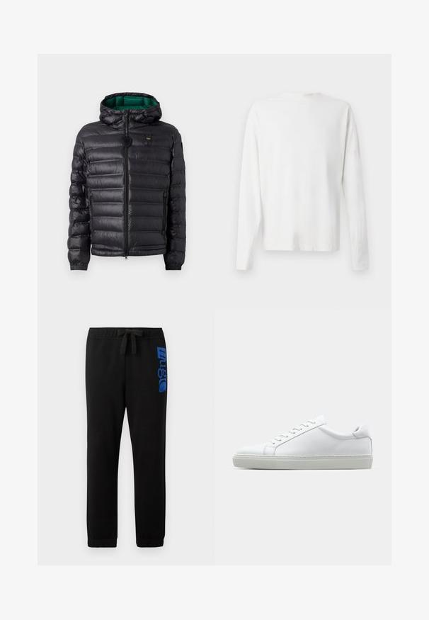 Black puffer jacket with a quilted design, hood, and green interior. Features a central zipper and logo detailing on the upper front.; Long-sleeved white cotton shirt with a round neckline, side slits at the bottom, and a smooth texture, displayed from the back.; Black sweatpants made of cotton blend, featuring an elastic waistband with a drawstring and a blue logo printed on the left leg.; White sneaker with a smooth leather upper and a low profile. Features a rounded toe, six eyelets, and a textured rubber sole.