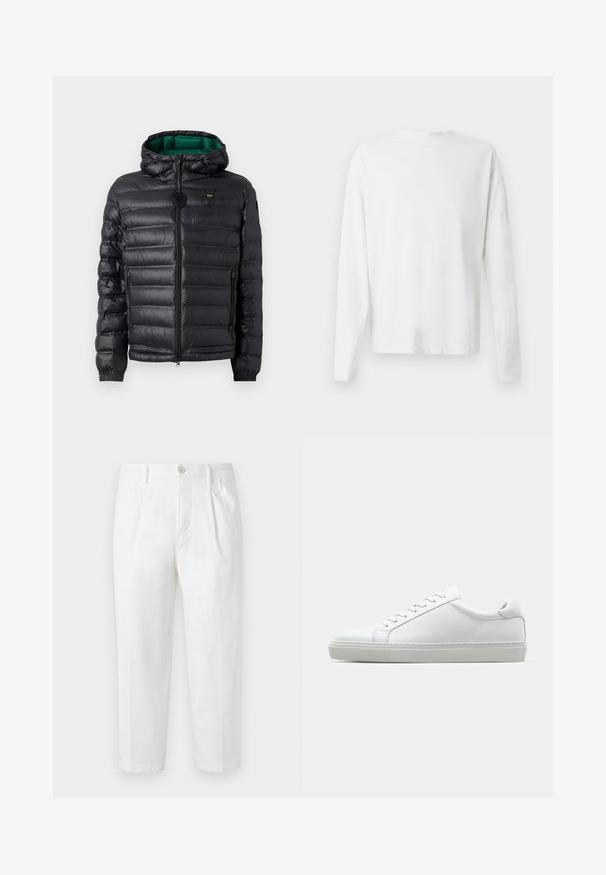 Casaco puffer preto com um design acolchoado, capuz e interior verde. Apresenta um fecho central e detalhes com logótipo na parte superior da frente.; Camisa de algodão branca de mangas longas com decote redondo, fendas laterais na parte inferior e uma textura suave, mostrada de trás.; Calças brancas de algodão com corte reto, apresentando fecho com botão, frente plissada e bainhas viradas. Textura suave sem padrões visíveis.; Sapatilha branca com um cabedal em couro liso e de perfil baixo. Apresenta um bico redondo, seis ilhoses e uma sola de borracha texturizada.