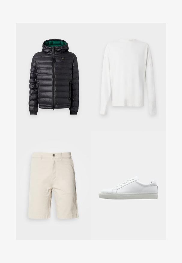 Črna puhasta jakna z nabranim dizajnom, kapuco in zelenim notranjim delom. Ima osrednji zadrgo in logotip na zgornji sprednji strani.; Bela bombažna srajca z dolgimi rokavi in okroglo ovratnikom, z bočnimi razporki na dnu in gladko teksturo, prikazana s hrbtne strani.; Bež bombažne kratke hlače s straight cut krojem, ki vključujejo sprednji gumb in zadrgo, stranske žepke ter našite robove.; Bela športna obutev z gladkim usnjenim zgornjim delom in nizkim profilom. Ima zaokrožen nos, šest lukenj za vezalke in teksturiran gumijast podplat.