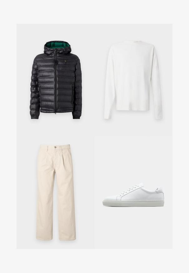 Černá prošívaná bunda s kapucí a zeleným interiérem. Obsahuje centrální zip a logo na horní přední části.; Bílá bavlněná košile s dlouhým rukávem a kulatým výstřihem, s bočními rozparky na spodní části a hladkým povrchem, vystavená zezadu.; Beige široké kalhoty s vysokým pasem, vyznačující se předními záhyby, uzavíráním na přední knoflík a hladkým bavlněným materiálem.; Bílé tenisky s hladkým koženým svrškem a nízkým profilem. Mají zaoblenou špičku, šest nýtů a texturovanou gumovou podrážku.