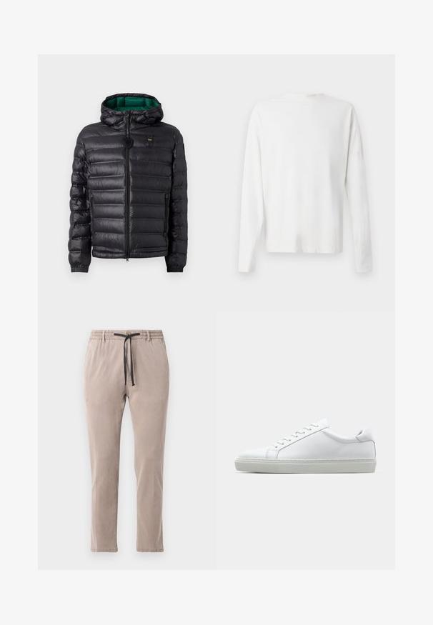 Mustat puhvitakit, joissa on tikattu muotoilu, huppu ja vihreä sisäosa. Keskellä on vetoketju ja logo-yksityiskohtia etuosassa.; Pitkähihaisesta valkoisesta puuvillapaidasta, jossa on pyöreä pääntie, sivuhaalareita alaosassa ja sileä pinta, näkyy takaa.; Beige housut, joissa on joustava vyötärö ja musta nyöri. Suora lahjetyyli, pehmeä tekstuuri ja minimaalinen ompelu.; Valkoinen tennari, jossa on sileä nahkapäällinen ja matala profiili. Ominaisuuksiin kuuluu pyöreä kärki, kuusi rei'itystä ja teksturoitu kumipohja.