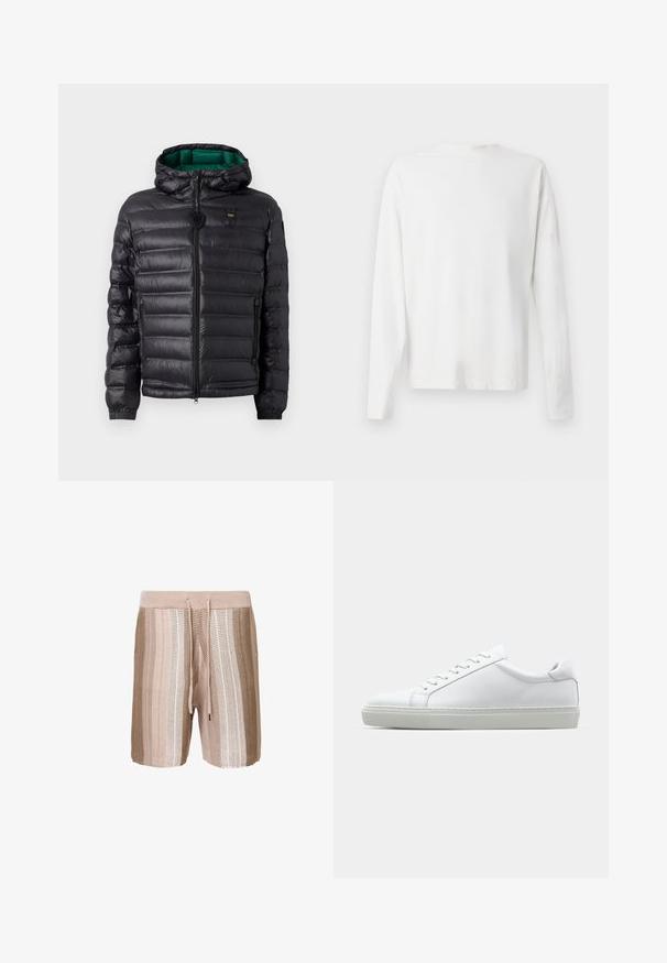 Melnā pūkainā jakā ar kvadrātu dizainu, kapuci un zaļu iekšpusi. Tam ir centrāla rāvējslēdzēja aizdare un logotipa apdare augšējā priekšā.; Garums piedurkņu baltā kokvilnas krekls ar apaļu dekoltē, sānu šķēlumiem apakšā un gludu tekstūru, redzams no aizmugures.; Bežīgas adītas peldbikses ar horizontālām svītrām gaišākās krāsās, elastīga josta ar aukliņu un teksturēta auduma.; Baltie sporta apavi ar gludu ādas virsu un zemu profilu. Iezīmējas ar noapaļotu purngalu, sešām acīm un teksturētu gumijas zoli.