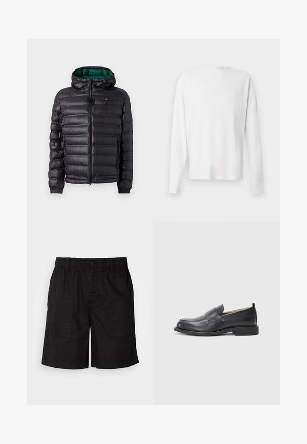 Black puffer jacket with a quilted design, hood, and green interior. Features a central zipper and logo detailing on the upper front.; Long-sleeved white cotton shirt with a round neckline, side slits at the bottom, and a smooth texture, displayed from the back.; Black shorts with an elastic waistband and a button closure. Features two large side pockets with a textured fabric. Casual design.; Black leather loafers featuring a smooth finish, a flat sole, and a rounded toe with a decorative strap across the upper.