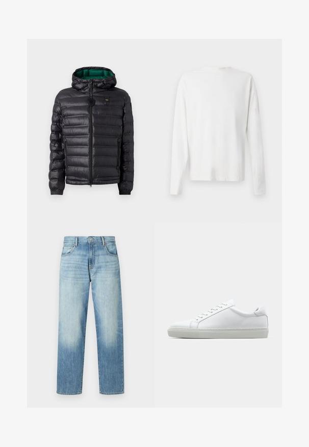 Mustat puhvitakit, joissa on tikattu muotoilu, huppu ja vihreä sisäosa. Keskellä on vetoketju ja logo-yksityiskohtia etuosassa.; Pitkähihaisesta valkoisesta puuvillapaidasta, jossa on pyöreä pääntie, sivuhaalareita alaosassa ja sileä pinta, näkyy takaa.; Vaaleansiniset farkut suoran lahkeen leikkauksella, joissa on hieno haalistu ja viisi taskua, sekä napitus. Keskikorkea vyötärö.; Valkoinen tennari, jossa on sileä nahkapäällinen ja matala profiili. Ominaisuuksiin kuuluu pyöreä kärki, kuusi rei'itystä ja teksturoitu kumipohja.