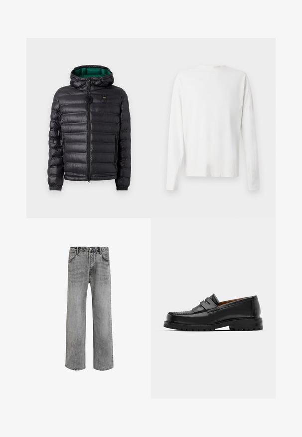 Mustat puhvitakit, joissa on tikattu muotoilu, huppu ja vihreä sisäosa. Keskellä on vetoketju ja logo-yksityiskohtia etuosassa.; Pitkähihaisesta valkoisesta puuvillapaidasta, jossa on pyöreä pääntie, sivuhaalareita alaosassa ja sileä pinta, näkyy takaa.; Harmaat farkut suoranlahkeisella muotoilulla, korkea vyötärö, viisi taskua ja haalistunut pinta. Varustettu napituksella ja vyölenkeillä.; Mustat nahka loafit sisältävät kohoavan sauman, kaksi koristeellista nauhaa yläosassa ja paksun teksturoidun pohjan parempaa pitoa varten.