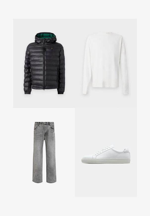 Black puffer jacket with a quilted design, hood, and green interior. Features a central zipper and logo detailing on the upper front.; Long-sleeved white cotton shirt with a round neckline, side slits at the bottom, and a smooth texture, displayed from the back.; Grey denim jeans with a straight-leg design, high waist, five pockets, and faded texture. Features a button fly and belt loops.; White sneaker with a smooth leather upper and a low profile. Features a rounded toe, six eyelets, and a textured rubber sole.