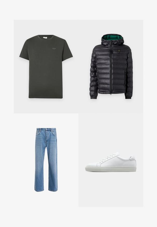 Juoda paminkštinta striukė su gobtuvu, blizgiu paviršiumi, žaliu pamušalu, užtrauktuku ir elastinėmis rankogaliais. Krūtinės srityje yra prekės ženklo logotipas.; Tamsiai žalia medvilninė marškinėliai trumpomis rankovėmis, su apvalia iškirpte ir mažuoju šviesiai žaliu "JOOP!" logotipu ant krūtinės.; Šviesiai mėlyni džinsai su tiesiu kirpimu, penkios kišenės, mygtuko užsegimas, minimalus blukimas ir kontrastingi siuvimo detalės.; Baltas sportinis batelis su lygiu odiniu paviršiumi ir žemu profiliu. Turi suapvalintą pirštą, šešis akių skyrius ir tekstūruotą gumos padą.