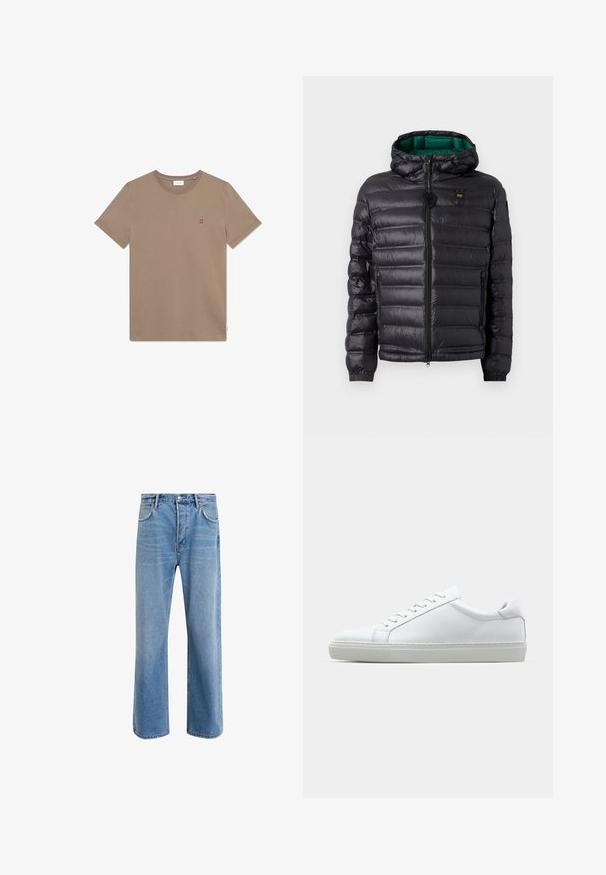 Mustast polsterdatud jope kapuutsiga, läikiva viimistlusega, rohelise voodriga, tõmblukuga ja elastsete mansettidega. Rinnal on brändi logo.; Pruun puuvillane t-särk, ümar kaelus, lühikesed varrukad ja väike punane "II" logo rinnal. Lihtne disain ja sile tekstuur.; Heledad sinine teksapüksid otse lõikega, viie taskuga, nupuga sulgemine, minimaalne kulumine ja kontrastsed õmbluse detailid.; Valge tennisetoss, millel on sile nahk pealis ja madal profiil. Omab ümarat ninaosa, kuut silmust ja tekstuuriga kummist talda.