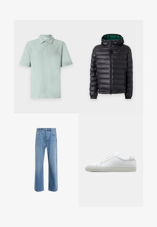 Schwarze gesteppte Jacke mit Kapuze, glänzendem Finish, grüner Innenfutter, Reißverschluss und elastischen Bündchen. Mit Markenlogo auf der Brust.; Hellgrünes Poloshirt aus strukturiertem Stoff, mit kurzen Ärmeln, Kragen, einer Knopfleiste mit zwei Knöpfen und einem gestickten Logo auf der Brust.; Helle blaue Jeans im Geradeschnitt-Design, mit fünf Taschen, Knopfverschluss, minimaler Ausbleichung und kontrastierenden Nähdetails.; Weißer Sneaker mit glattem Lederobermaterial und niedrigem Profil. Verfügt über eine runde Zehenpartie, sechs Ösen und eine strukturierte Gummisohle.