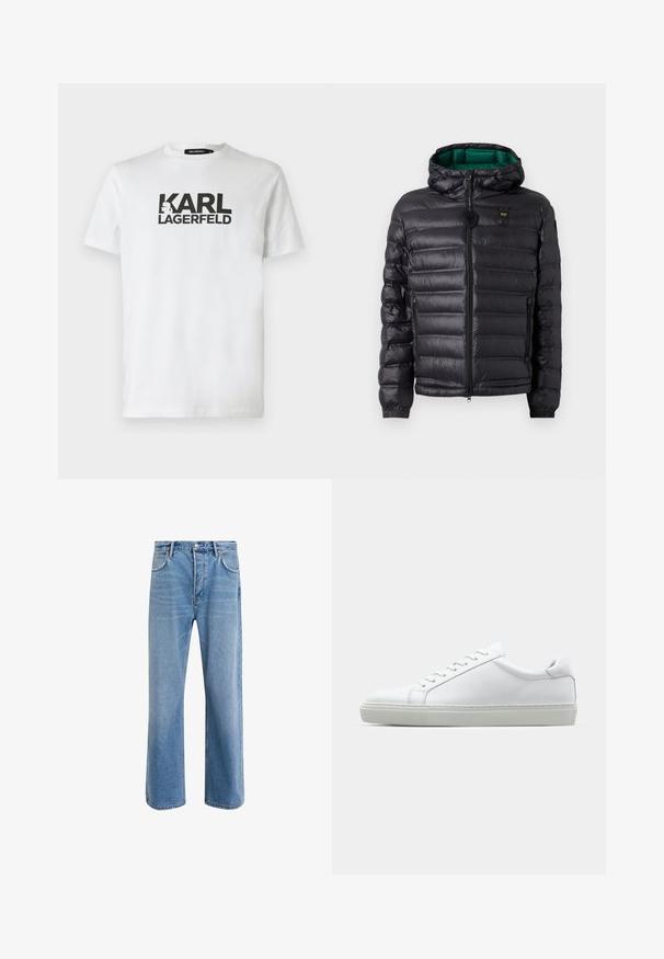 Svart vadderad jacka med huva, blank yta, grön foder, dragkedja och elastiska muddar. Inkluderar märkeslogo på bröstet.; Vit bomull T-shirt med en stor svart "KARL LAGERFELD" logotyp som är tryckt på framsidan, rund halsringning och korta ärmar. Enkelt design.; Ljust blå denimjeans med rak passform, fem fickor, knappstängning, minimal blekning och kontrasterande sömdetaljer.; Vit sneaker med en slät läderövre och låg profil. Har en rundad tå, sex snörhål och en strukturerad gummisula.