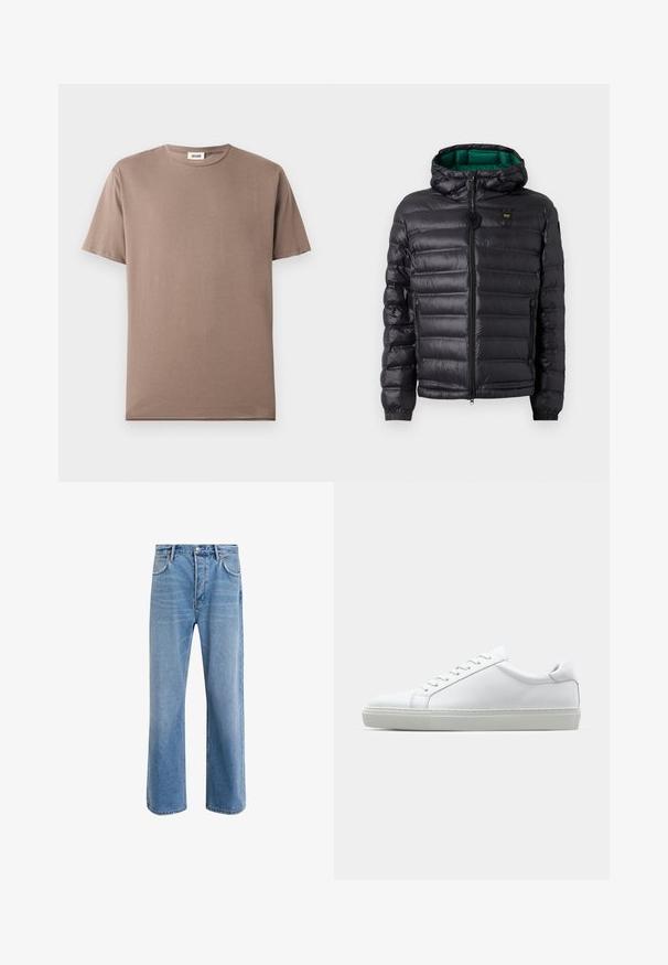 Black padded jacket with a hood, featuring a glossy finish, green lining, zip closure, and elastic cuffs. Includes branded logo on chest.; Short-sleeve t-shirt in brown cotton, featuring a round neckline and a lightweight, smooth texture. No visible patterns or hardware.; Light blue denim jeans with a straight-leg design, five pockets, button closure, minimal fading, and contrasting stitching details.; White sneaker with a smooth leather upper and a low profile. Features a rounded toe, six eyelets, and a textured rubber sole.