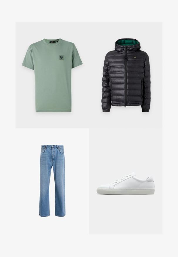 Černá prošívaná bunda s kapucí, lesklým povrchem, zelenou podšívkou, zapínáním na zip a elastickými manžetami. Obsahuje značkové logo na hrudi.; Světle zelené bavlněné tričko s krátkými rukávy, kulatým výstřihem a čtvercovou nášivkou loga na levé hrudi. Hladká textura a ležérní design.; Světle modré džínové kalhoty s rovnými nohavicemi, pěti kapsami, zapínáním na knoflík, minimálním vyblednutím a kontrastním prošitím.; Bílé tenisky s hladkým koženým svrškem a nízkým profilem. Mají zaoblenou špičku, šest nýtů a texturovanou gumovou podrážku.